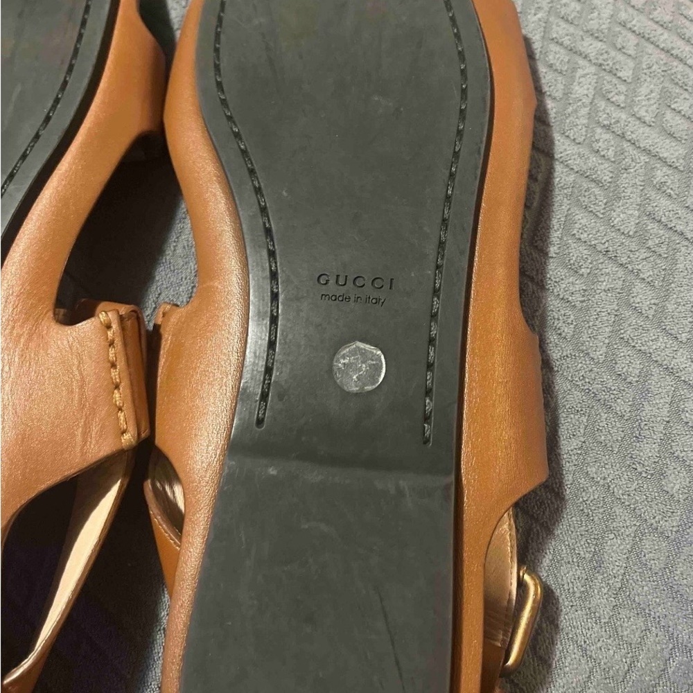 RARE SET Gucci Marmont Tan Leather Flat Sandals Size 39 / US 9 + Rainbow Dustbag - Picture 12 of 15